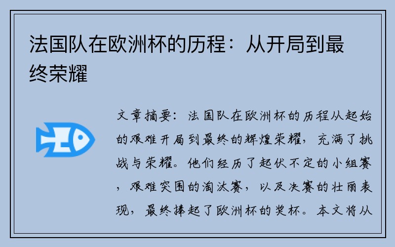 法国队在欧洲杯的历程：从开局到最终荣耀