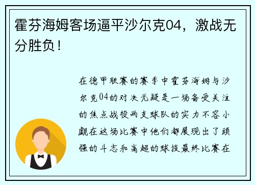 霍芬海姆客场逼平沙尔克04，激战无分胜负！