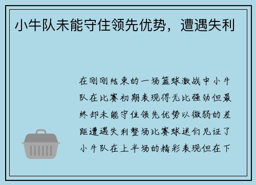 小牛队未能守住领先优势，遭遇失利